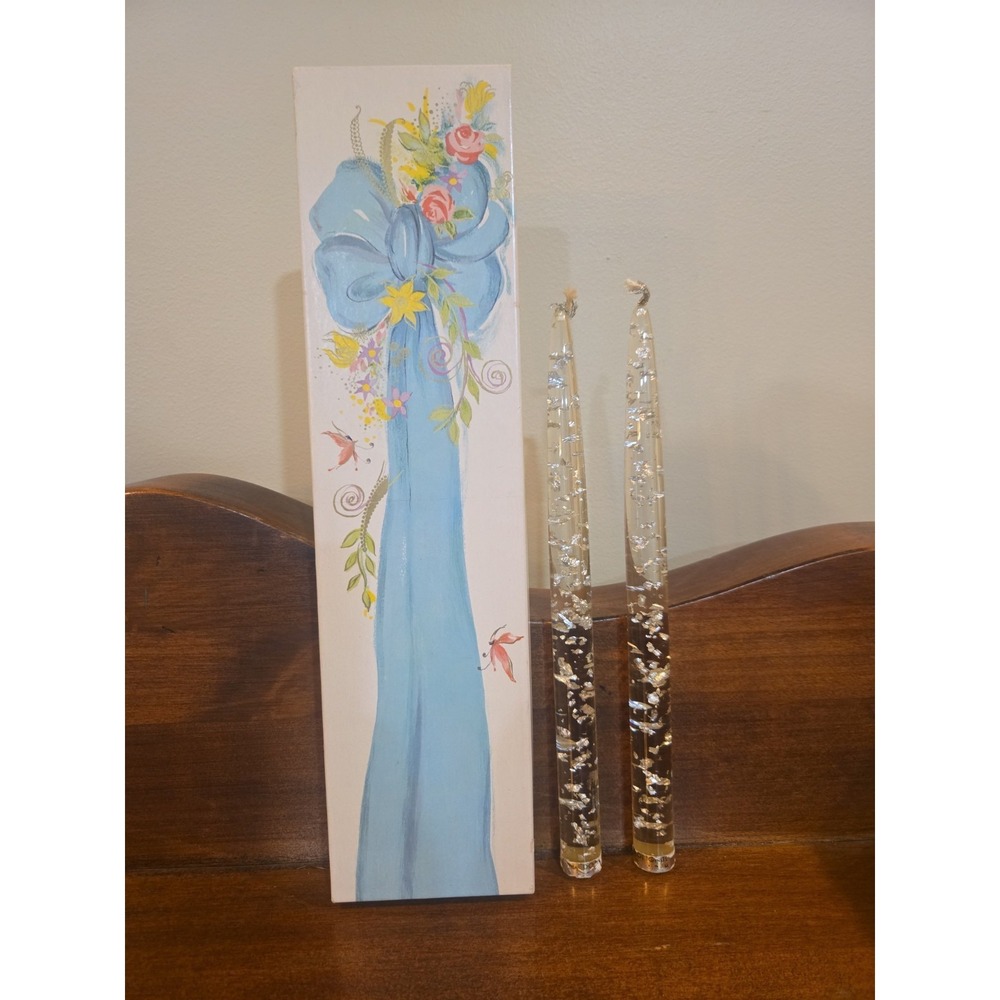 Vintage Lucite Acrylic Clear Taper Pair Candles Silver Flake 10" MCM Box Incl.